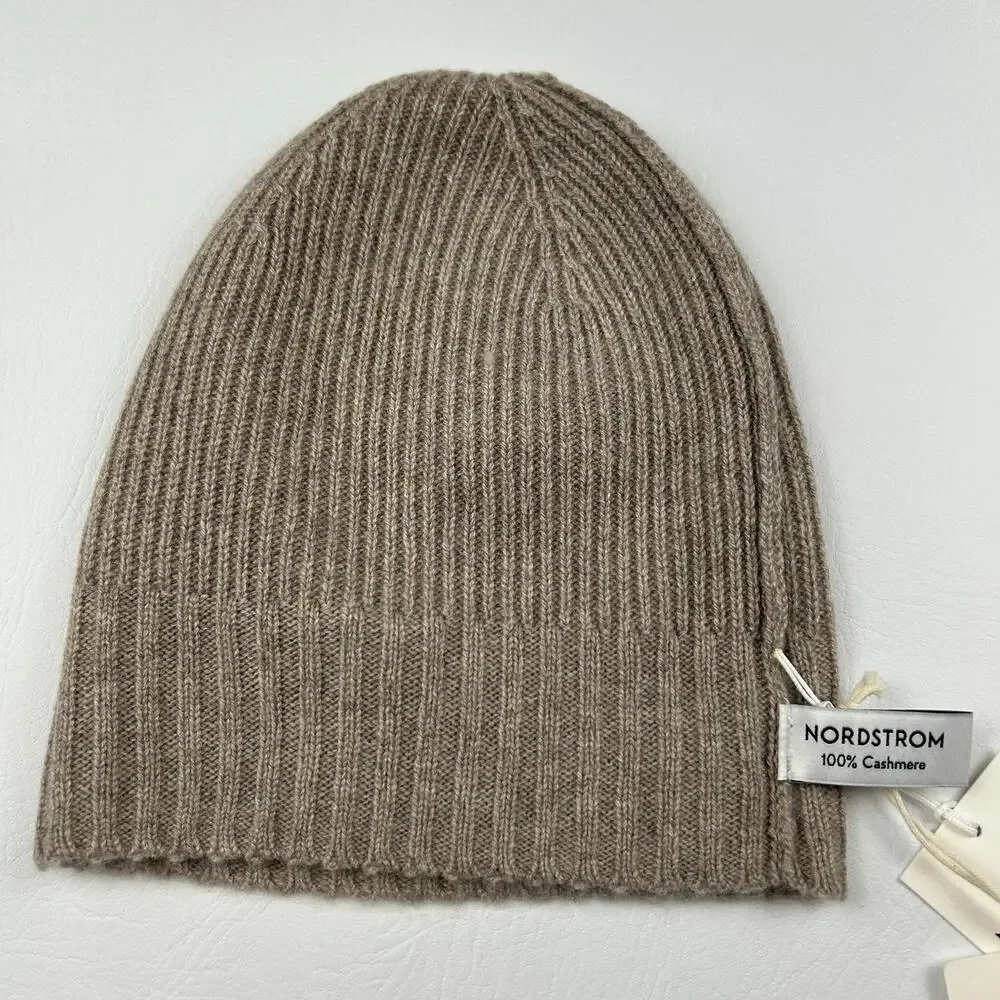 Nordstrom 100% Cashmere Rib Knit Beanie Hat Taupe One Size Soft Luxury NWT